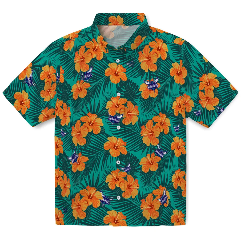 Charlotte Hornets Hawaiian Shirt - Hibiscus and Palm Leaves | Hula Hawaiian Shirts