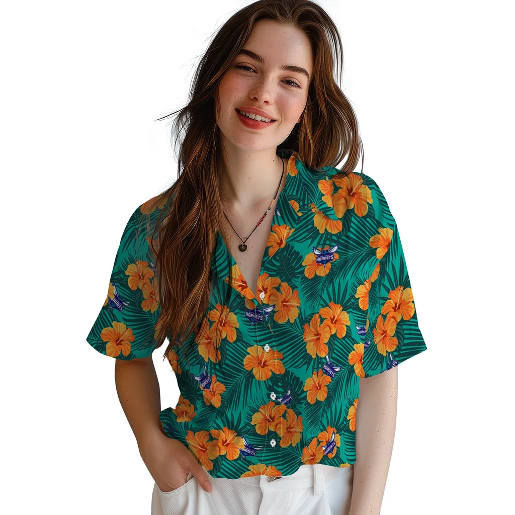 Charlotte Hornets Hawaiian Shirt - Hibiscus and Palm Leaves | Hula Hawaiian Shirts