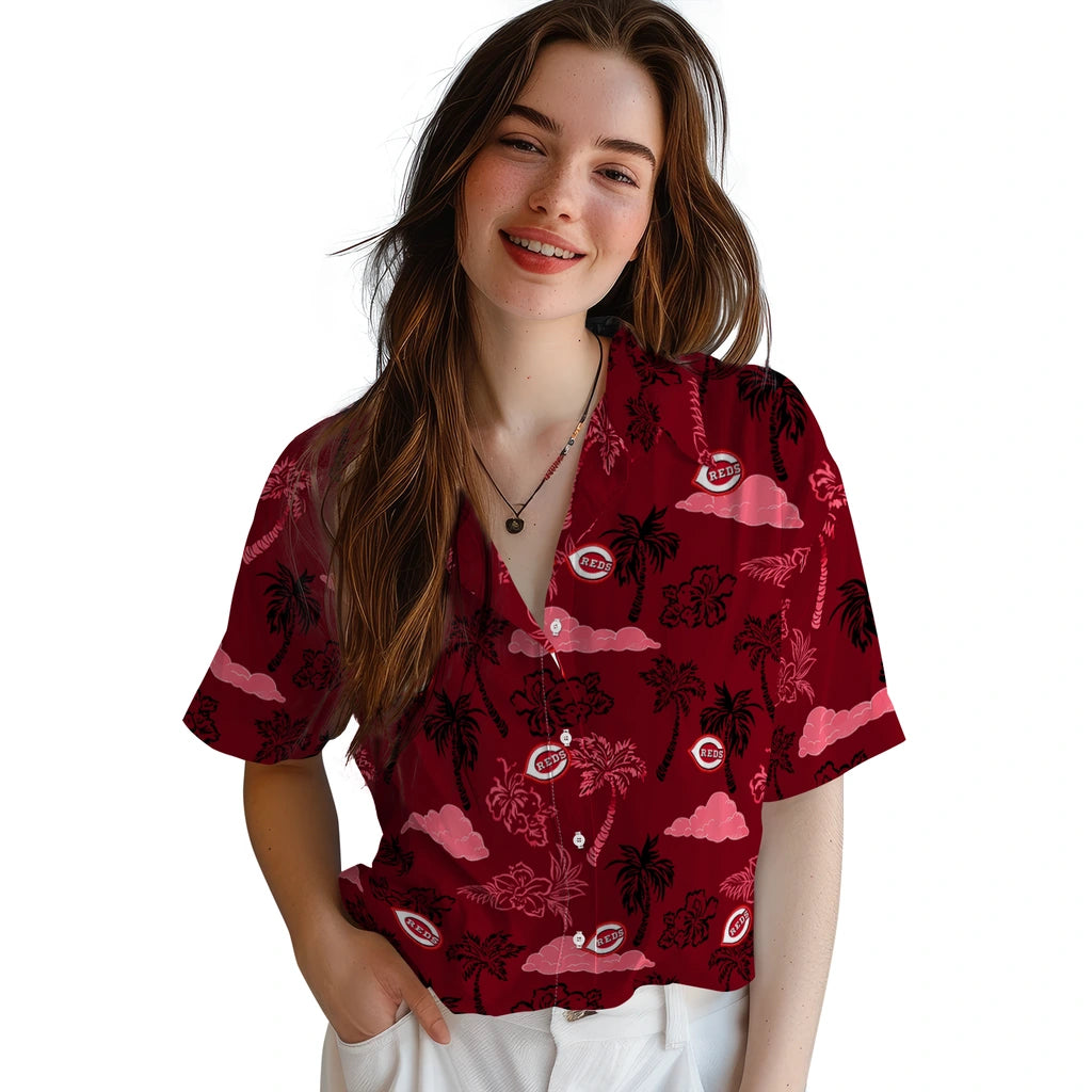 Cincinnati Reds Hawaiian Shirt - Palm And Clouds | Hula Hawaiian Shirts