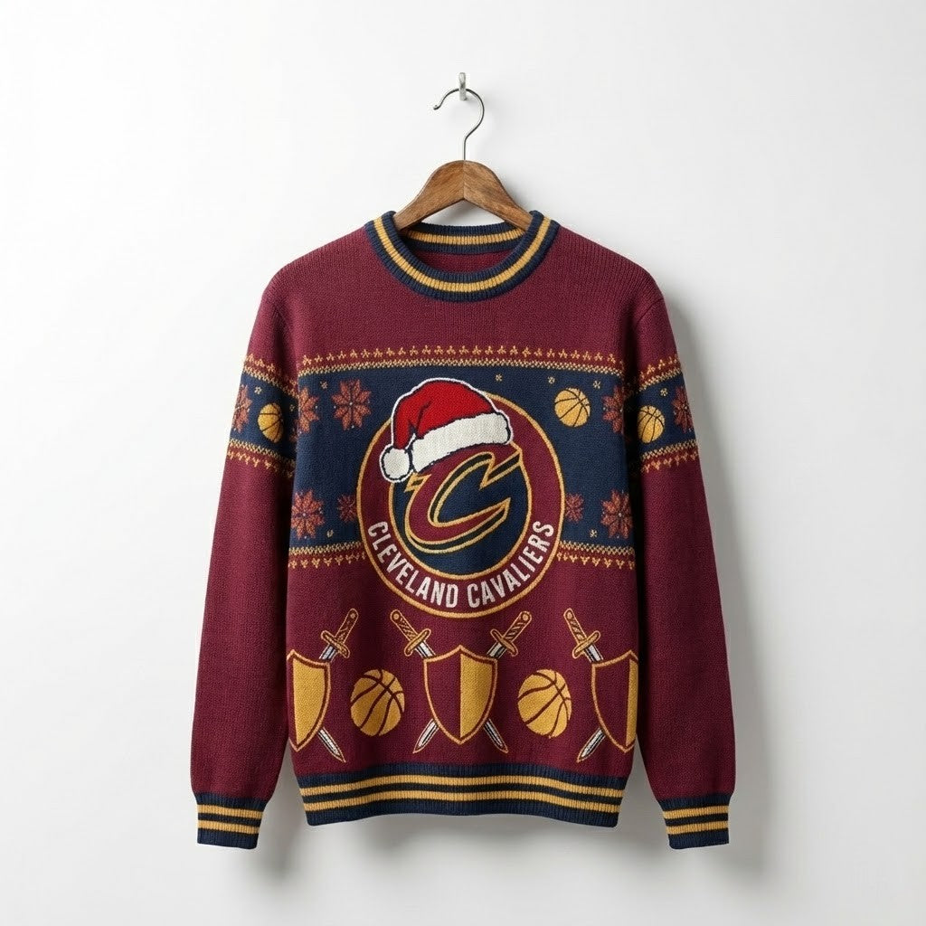 Cleveland Cavaliers Ugly Christmas Sweater – Shield & Sword Holiday Knit Wine & Gold Edition - LeagueLockerGear