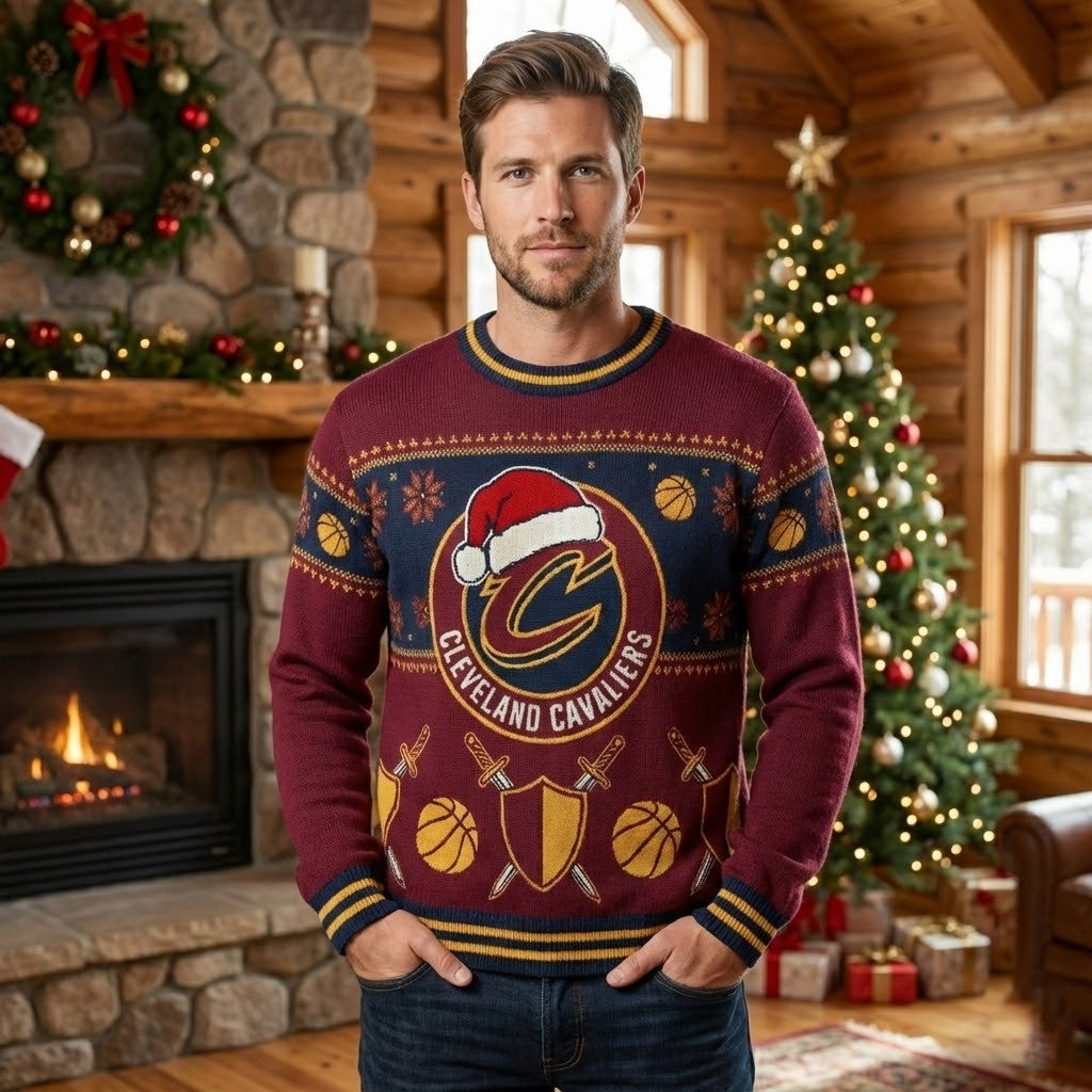 Cleveland Cavaliers Ugly Christmas Sweater – Shield & Sword Holiday Knit Wine & Gold Edition - LeagueLockerGear