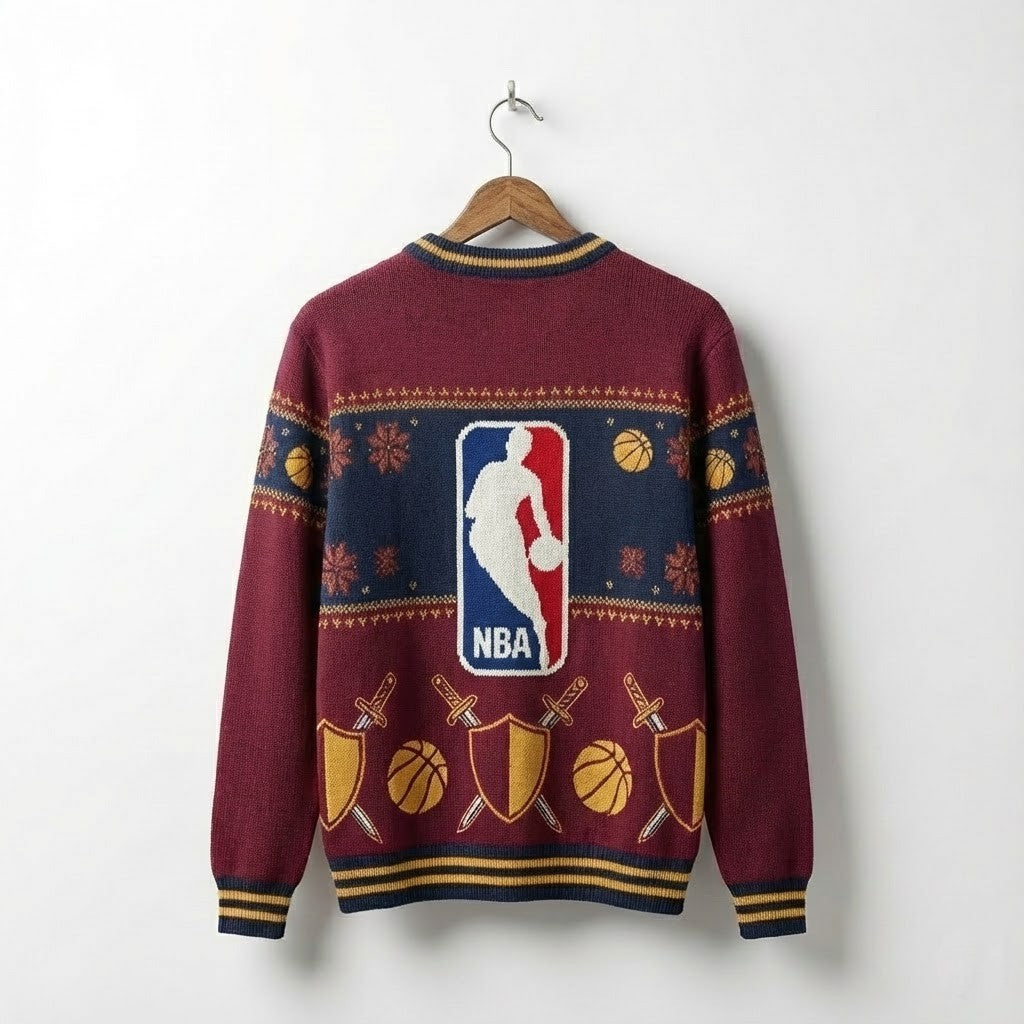 Cleveland Cavaliers Ugly Christmas Sweater – Shield & Sword Holiday Knit Wine & Gold Edition - LeagueLockerGear