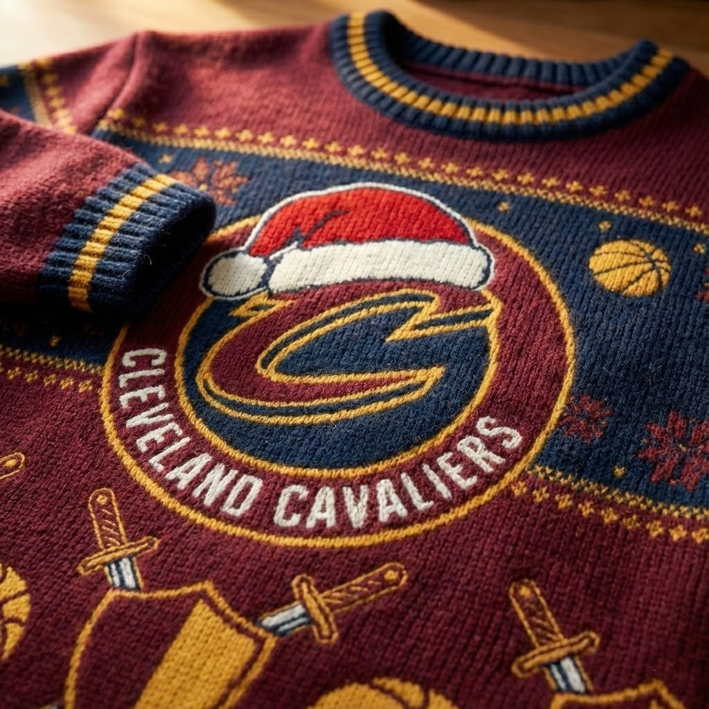 Cleveland Cavaliers Ugly Christmas Sweater – Shield & Sword Holiday Knit Wine & Gold Edition - LeagueLockerGear