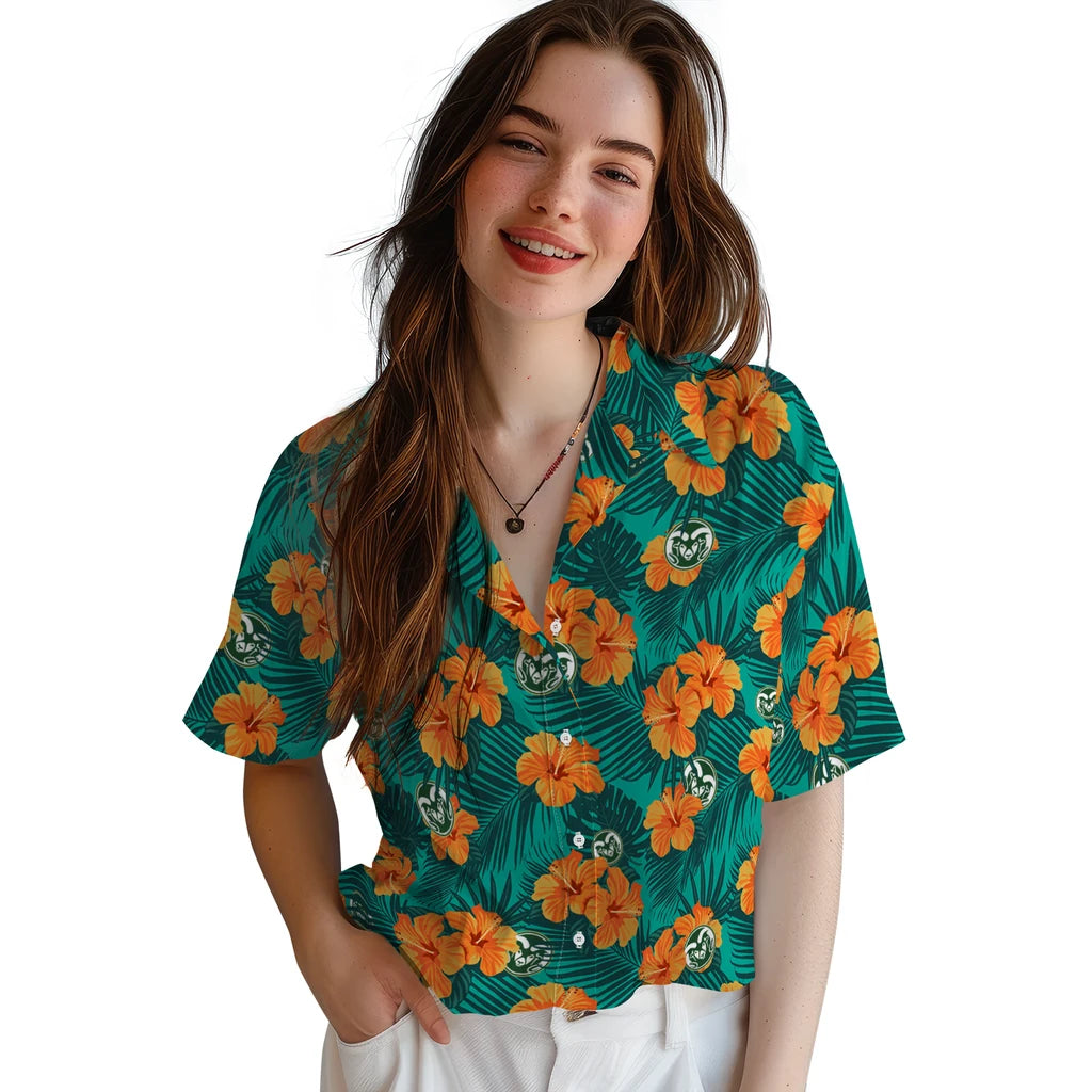 Colorado State Rams Hawaiian Shirt - Hibiscus and Palm Leaves | Hula Hawaiian Shirts