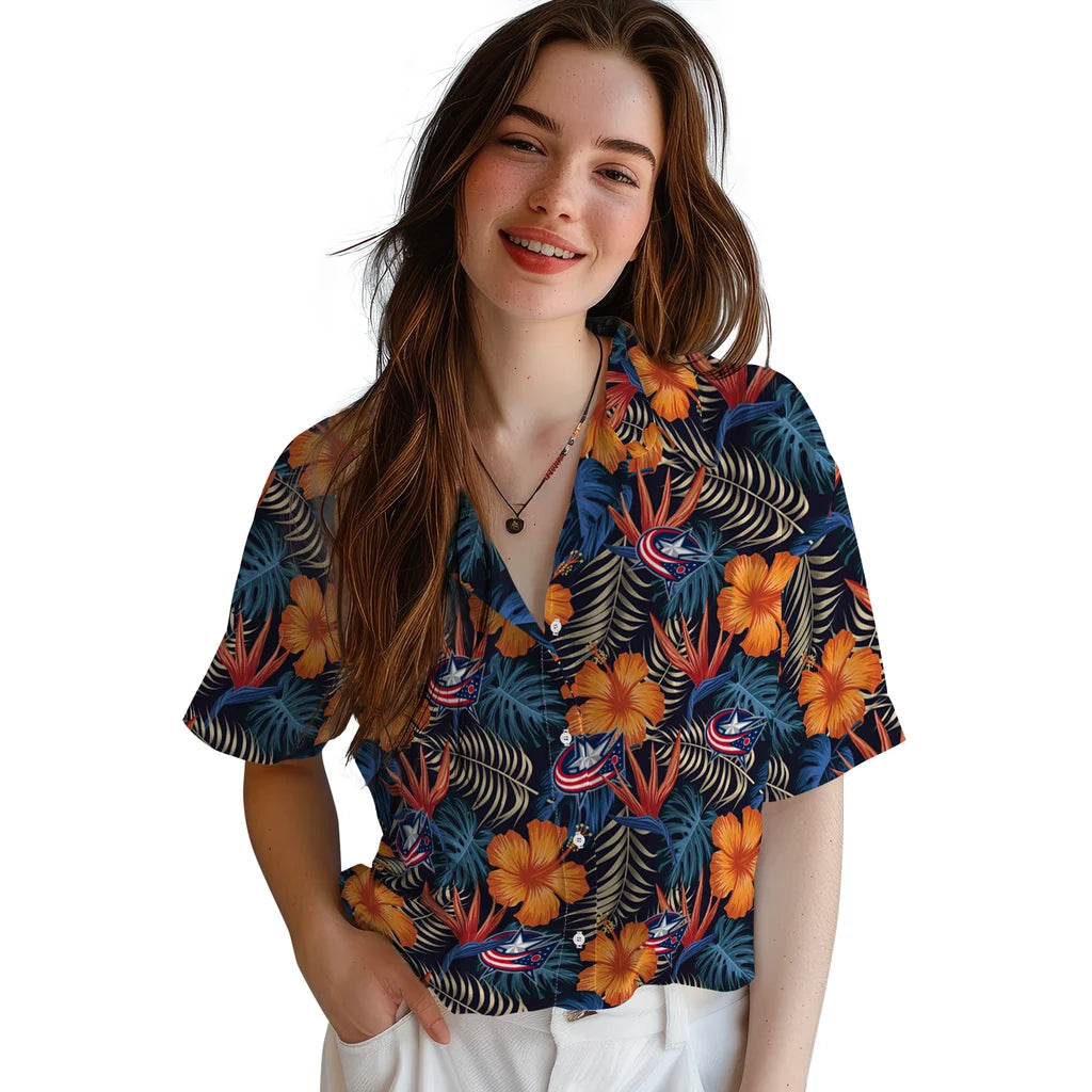 Columbus Blue Jackets Hawaiian Shirt - Hibiscus Foliage | Hula Hawaiian Shirts