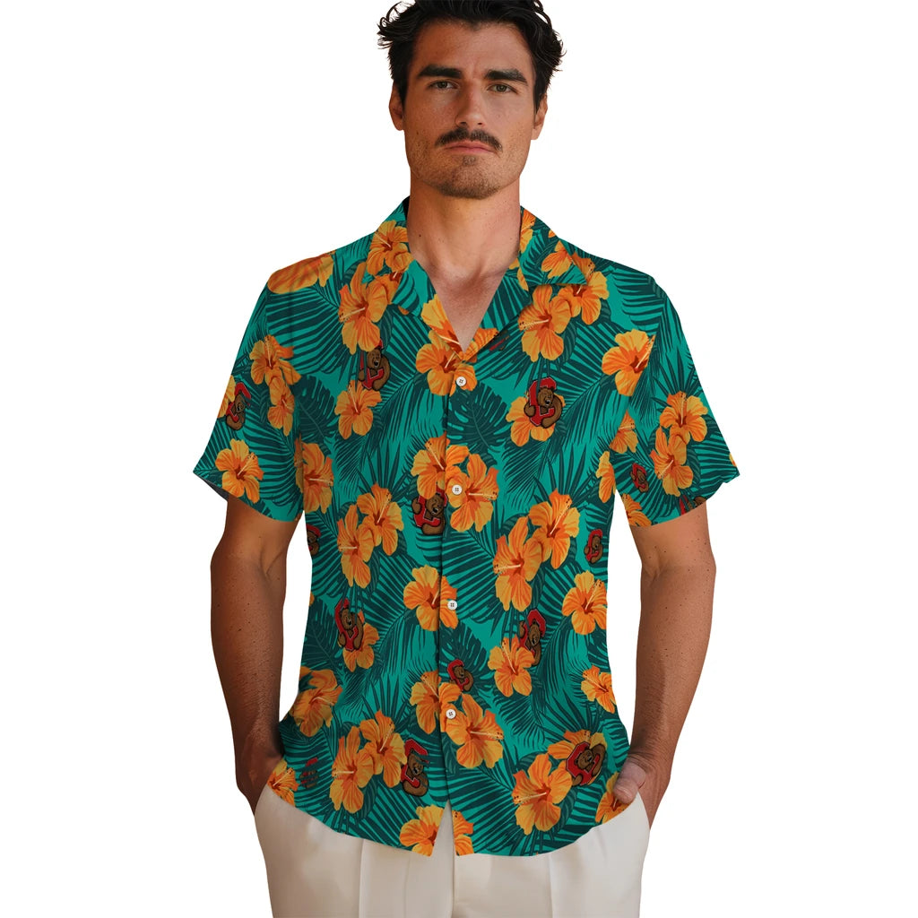 Cornell Big Red Hawaiian Shirt - Hibiscus and Palm Leaves | Hula Hawaiian Shirts