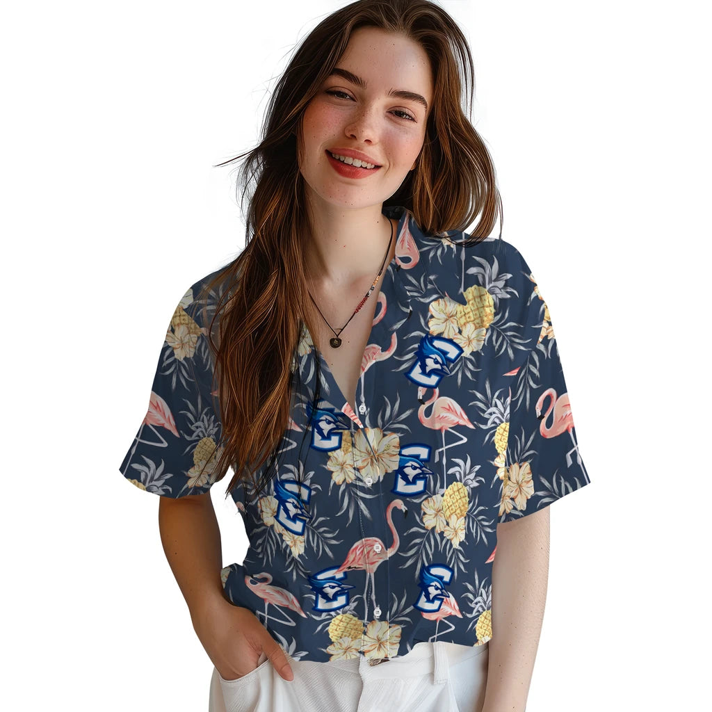 Creighton Bluejays Hawaiian Shirt - Flamingo Hibiscus | Hula Hawaiian Shirts