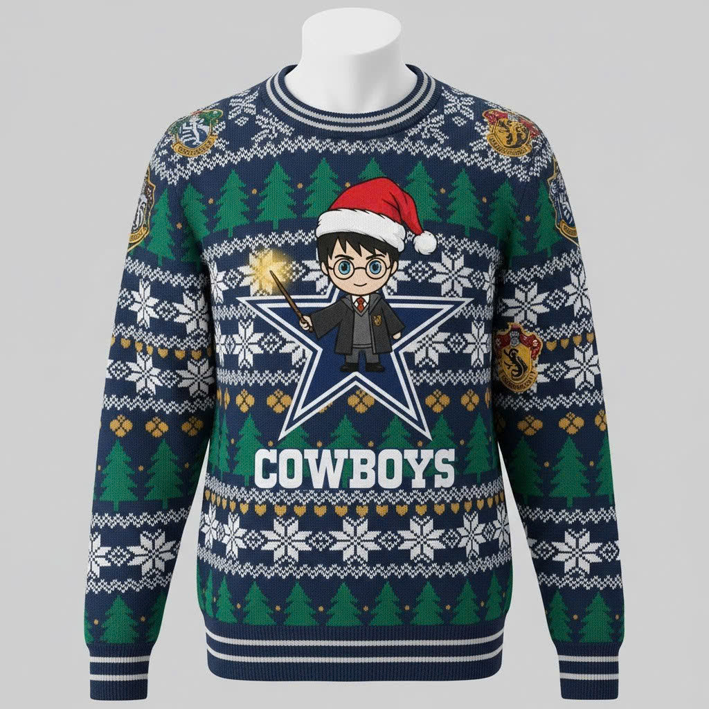 Dallas Cowboys x Harry Potter Ugly Christmas Sweater – Navy & Green "Wizarding Football" Knit - LeagueLockerGear