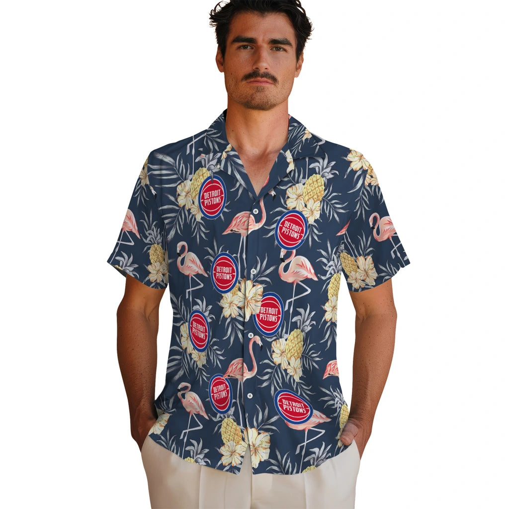 Detroit Pistons Hawaiian Shirt - Flamingo Hibiscus | Hula Hawaiian Shirts
