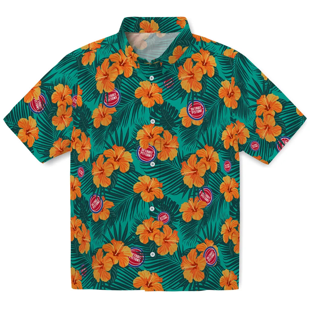 Detroit Pistons Hawaiian Shirt - Hibiscus and Palm Leaves | Hula Hawaiian Shirts