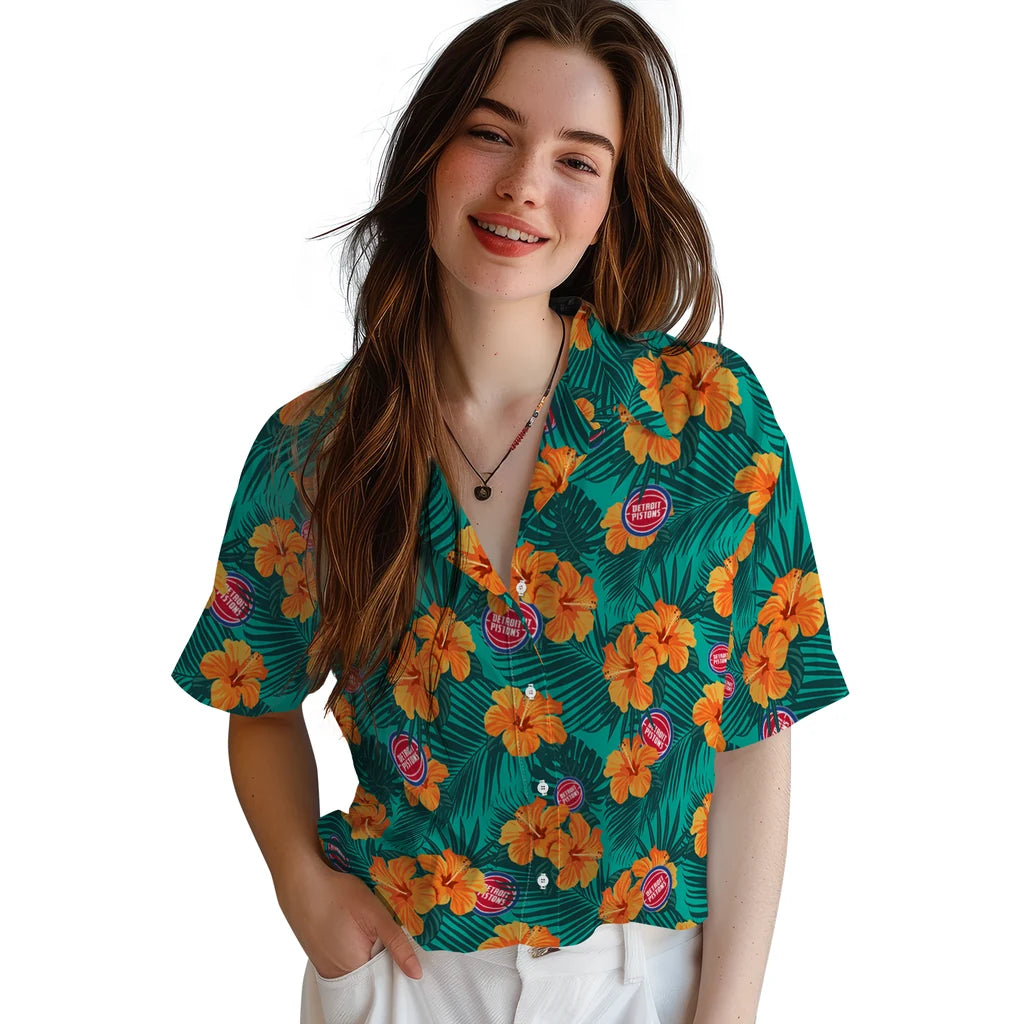 Detroit Pistons Hawaiian Shirt - Hibiscus and Palm Leaves | Hula Hawaiian Shirts