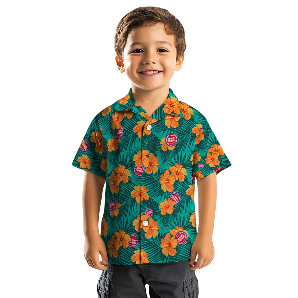 Detroit Pistons Hawaiian Shirt - Hibiscus and Palm Leaves | Hula Hawaiian Shirts