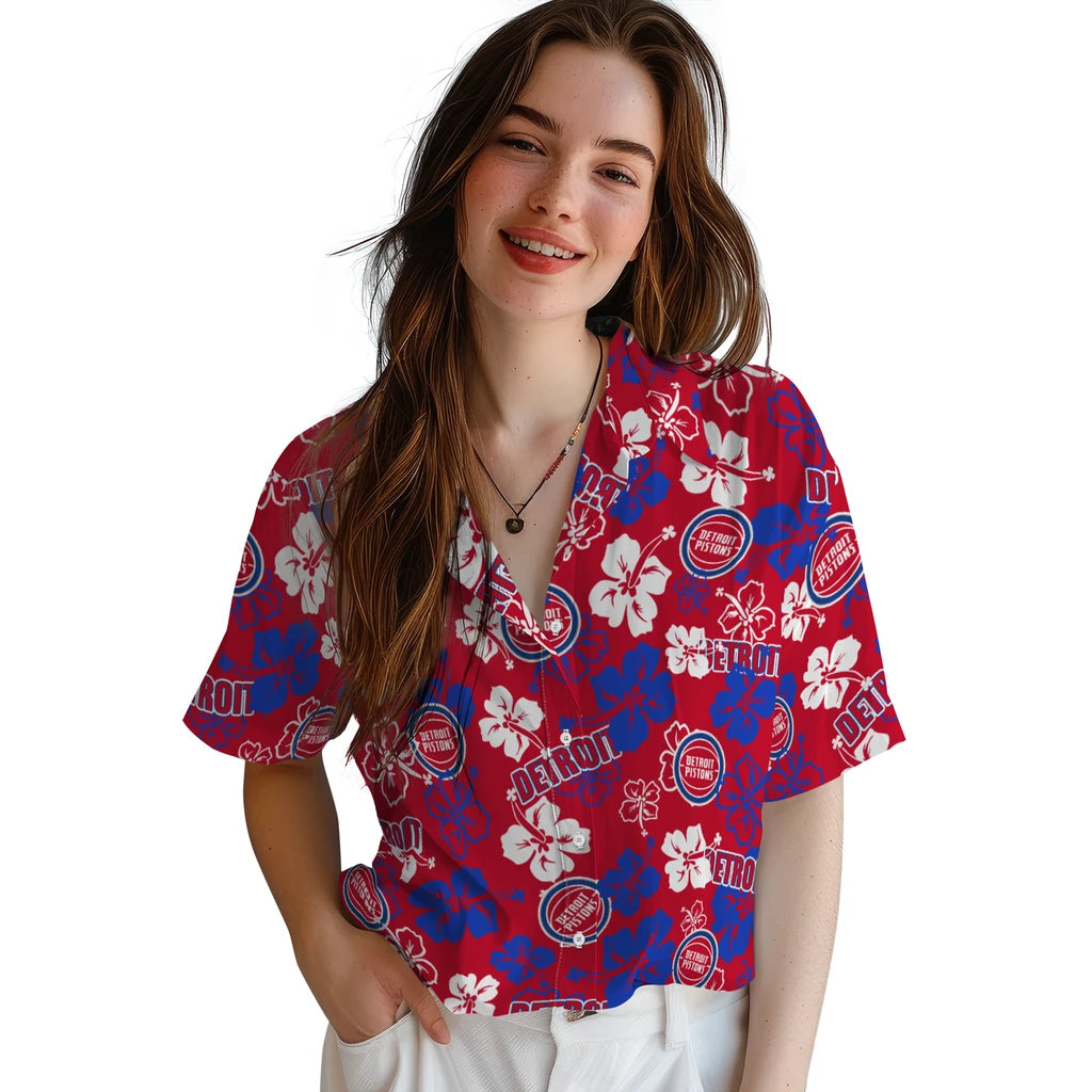Detroit Pistons Hawaiian Shirt - Hibiscus Flower Design | Hula Hawaiian Shirts