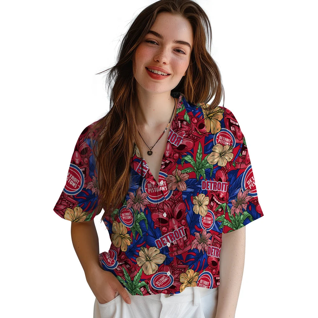 Detroit Pistons Hawaiian Shirt - Hibiscus Tiki Jungle | Hula Hawaiian Shirts