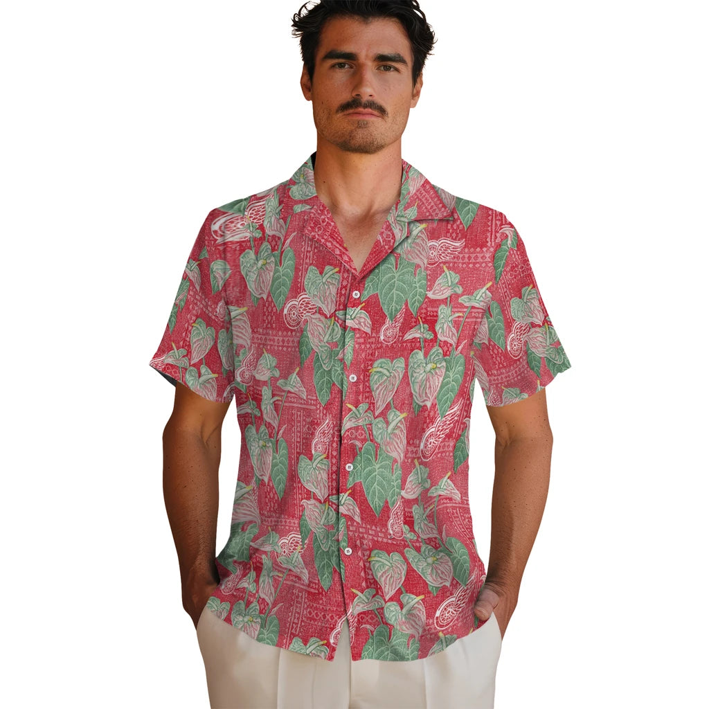 Detroit Red Wings Hawaiian Shirt - Anthurium Overlay | Hula Hawaiian Shirts