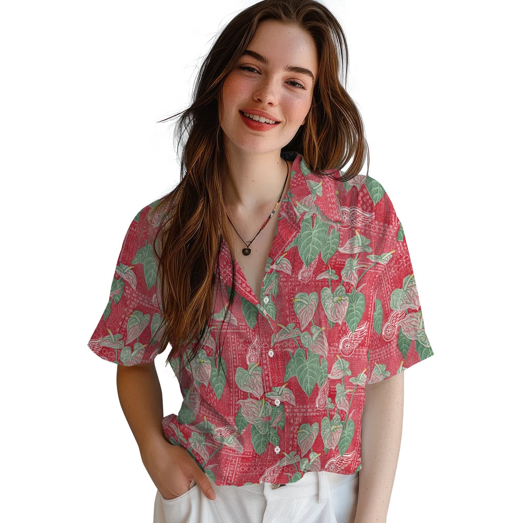 Detroit Red Wings Hawaiian Shirt - Anthurium Overlay | Hula Hawaiian Shirts