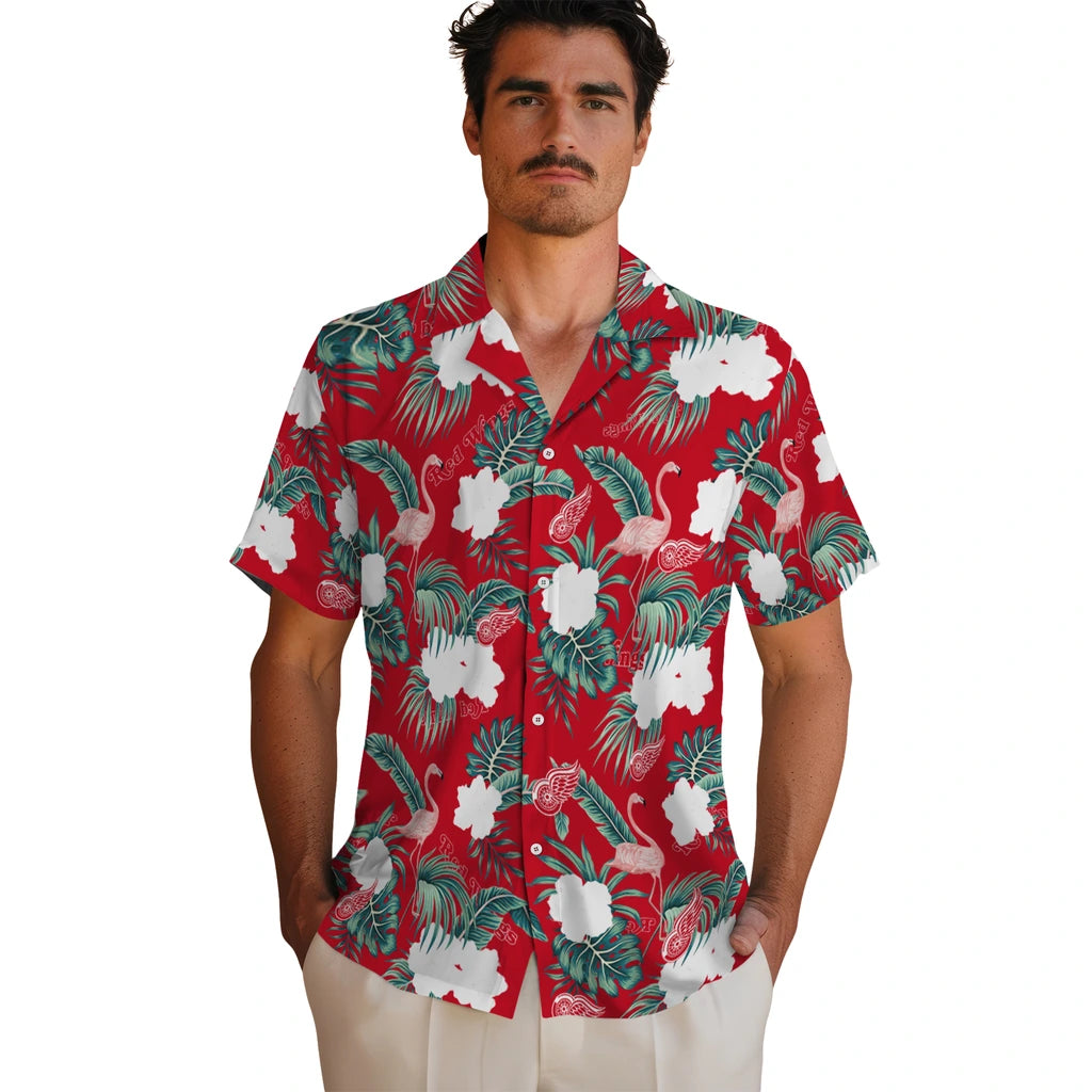 Detroit Red Wings Hawaiian Shirt - Flamingo and Hibiscus | Hula Hawaiian Shirts