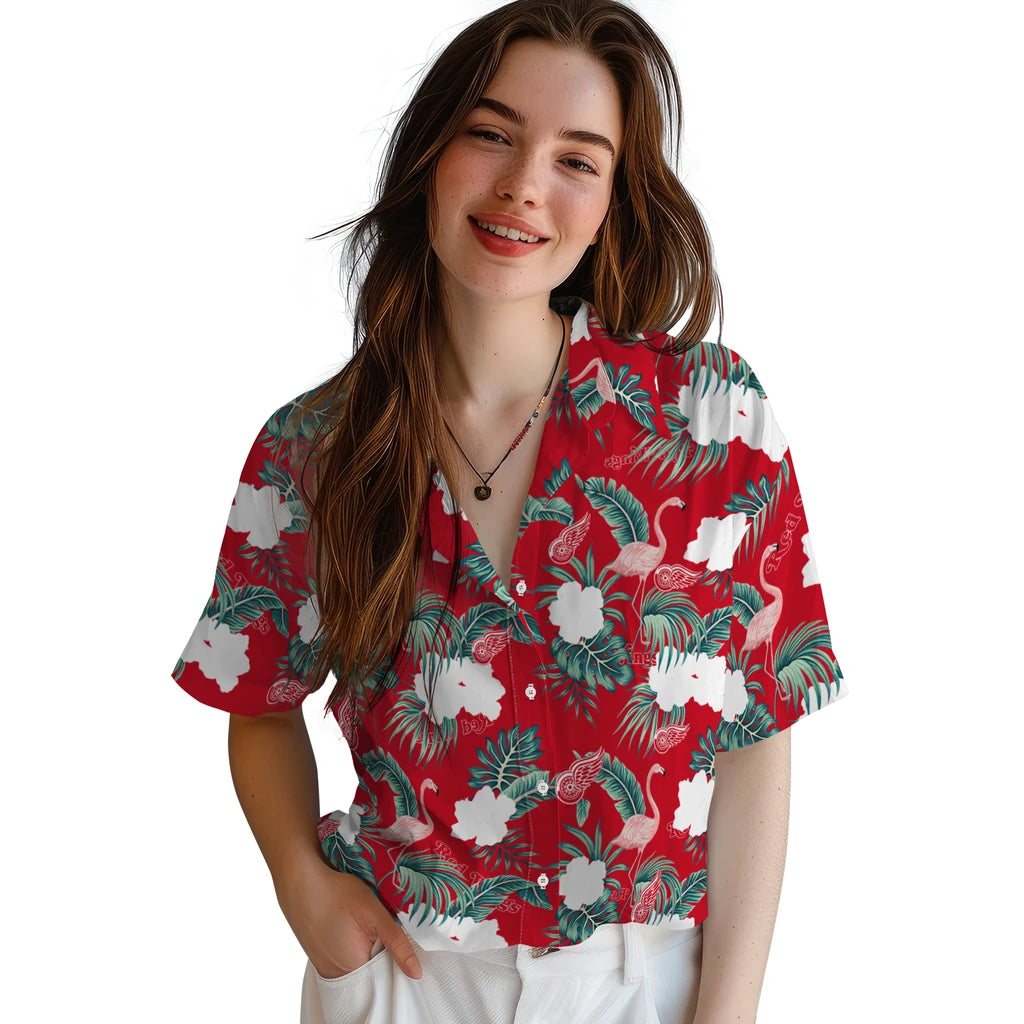 Detroit Red Wings Hawaiian Shirt - Flamingo and Hibiscus | Hula Hawaiian Shirts