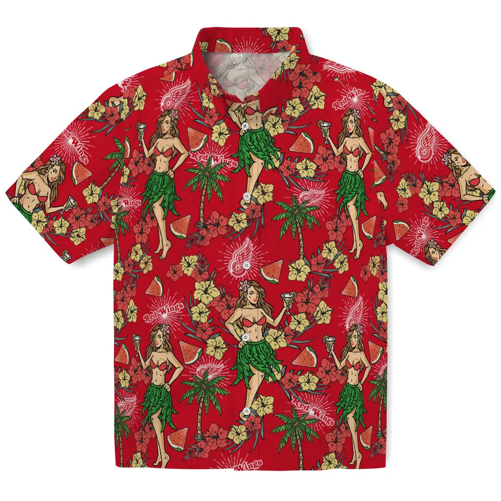 Detroit Red Wings Hawaiian Shirt - Hawaiian Girls Design | Hula Hawaiian Shirts