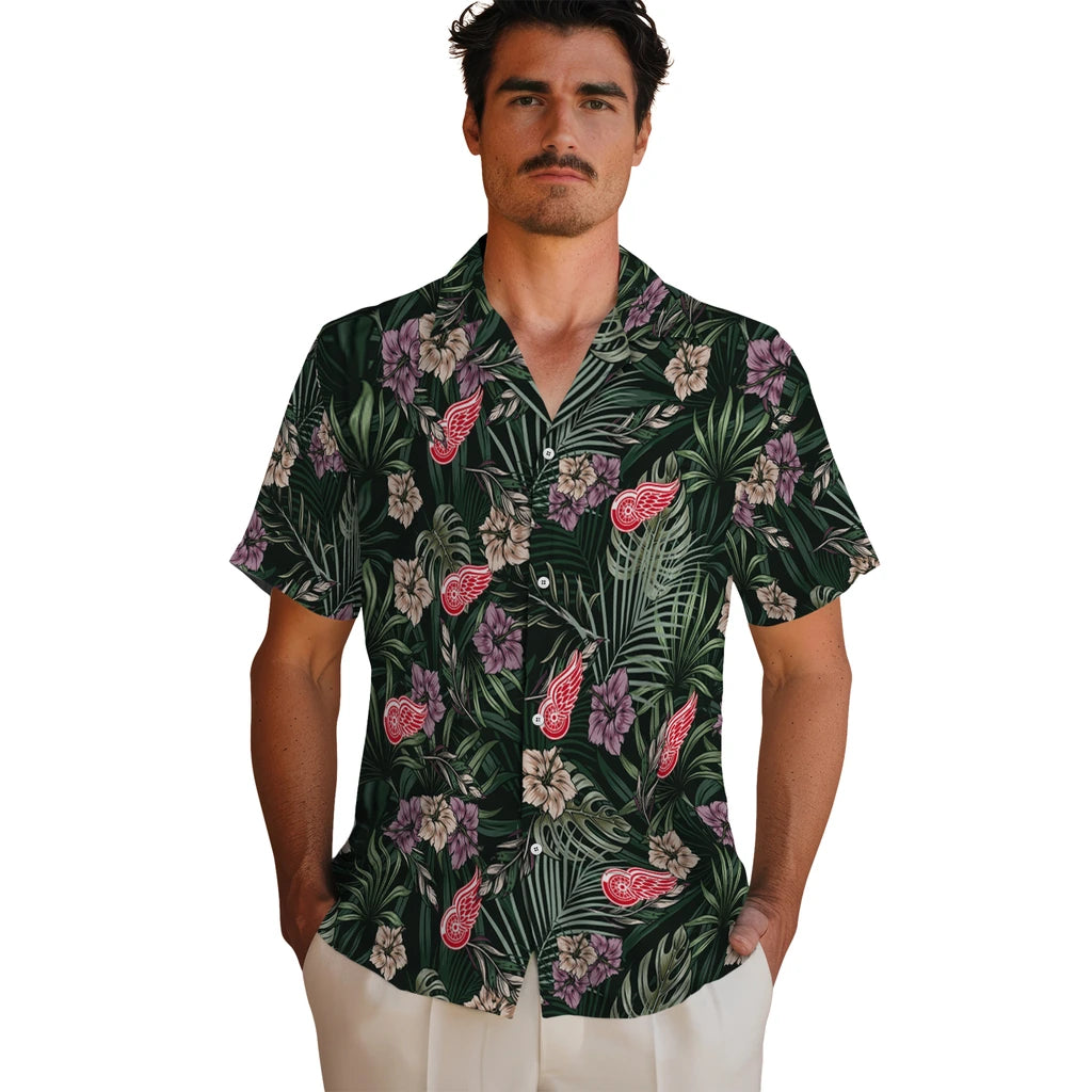 Detroit Red Wings Hawaiian Shirt - Hibiscus Leaves Pattern | Hula Hawaiian Shirts