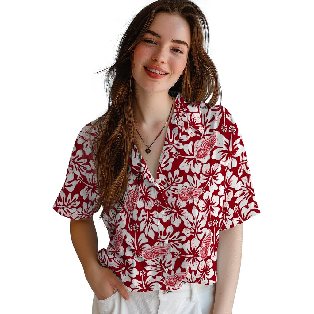 Detroit Red Wings Hawaiian Shirt - Hibiscus Motif | Hula Hawaiian Shirts
