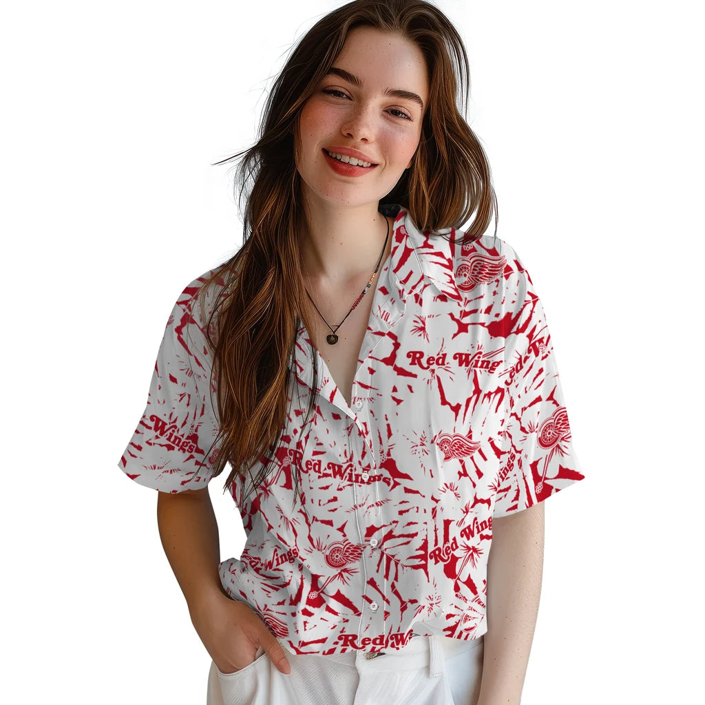 Detroit Red Wings Hawaiian Shirt - Hibiscus Overlay | Hula Hawaiian Shirts