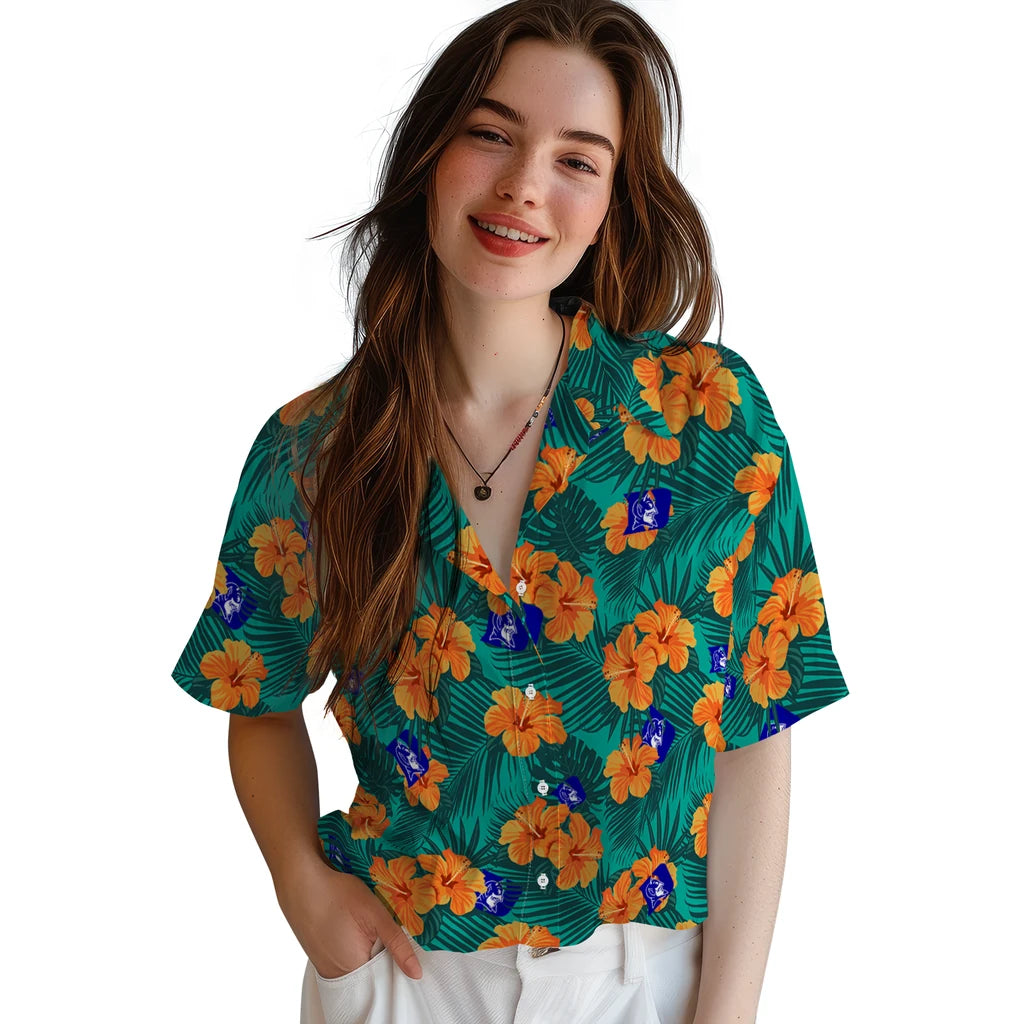Duke Blue Devils Hawaiian Shirt - Hibiscus and Palm Leaves | Hula Hawaiian Shirts