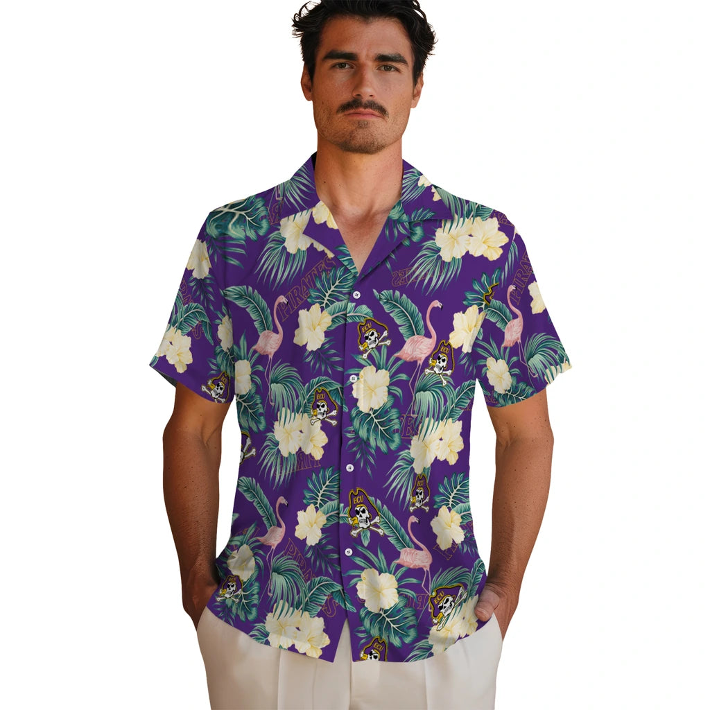 East Carolina Pirates Hawaiian Shirt - Flamingo and Hibiscus | Hula Hawaiian Shirts