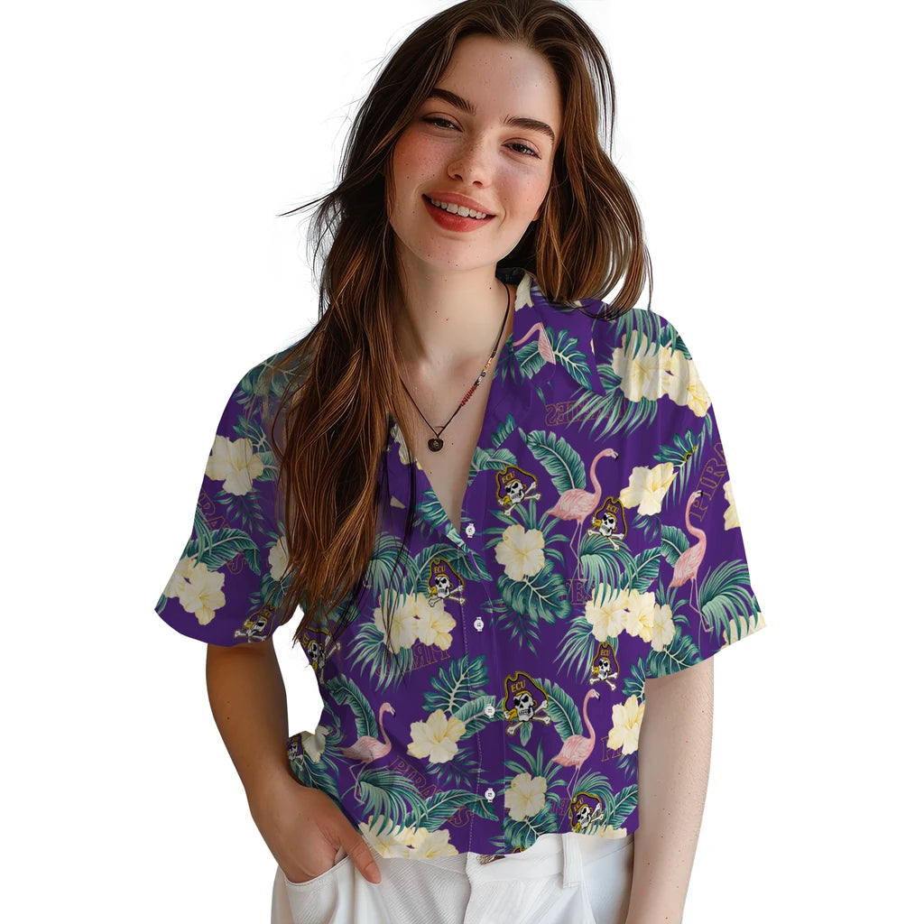 East Carolina Pirates Hawaiian Shirt - Flamingo and Hibiscus | Hula Hawaiian Shirts