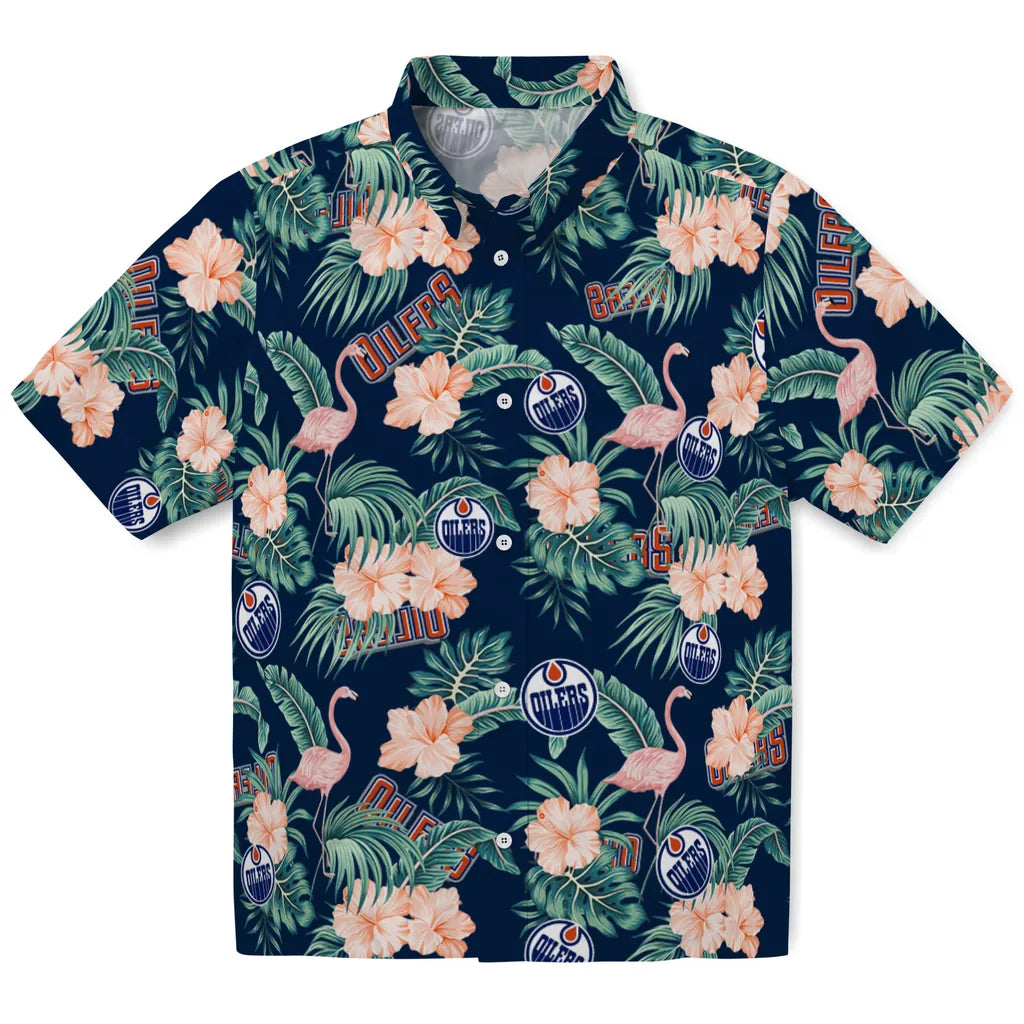 Edmonton Oilers Hawaiian Shirt - Flamingo and Hibiscus | Hula Hawaiian Shirts
