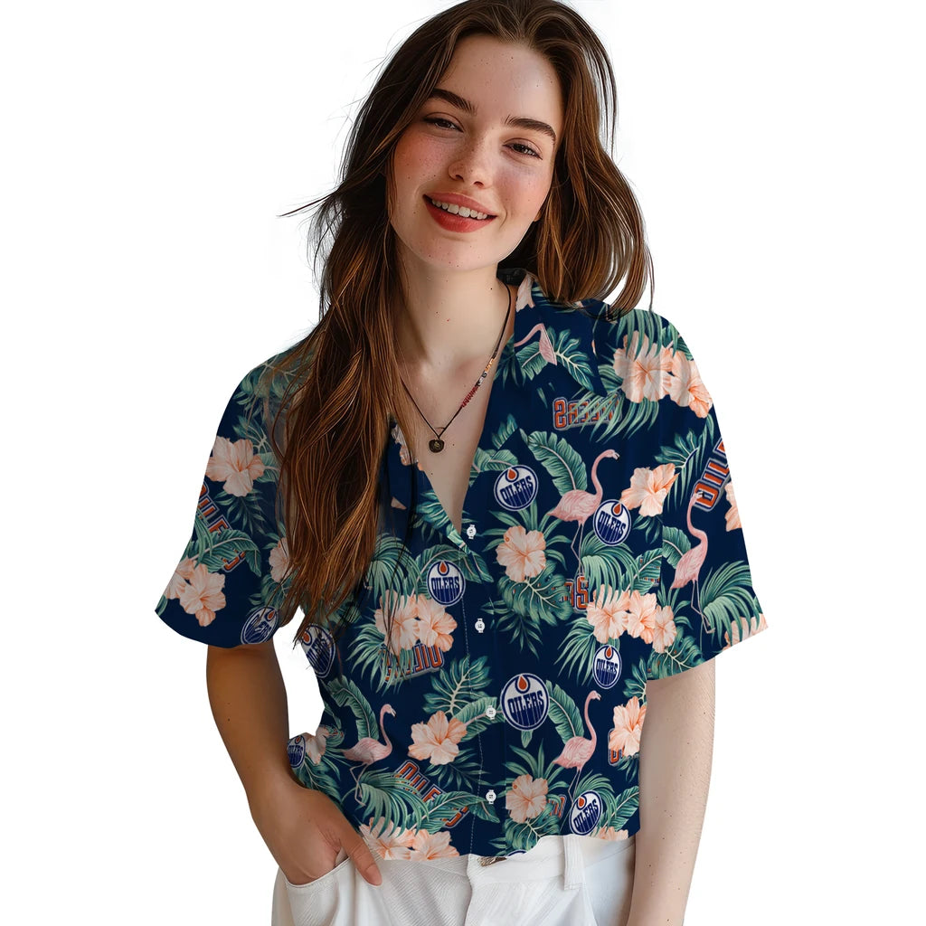 Edmonton Oilers Hawaiian Shirt - Flamingo and Hibiscus | Hula Hawaiian Shirts