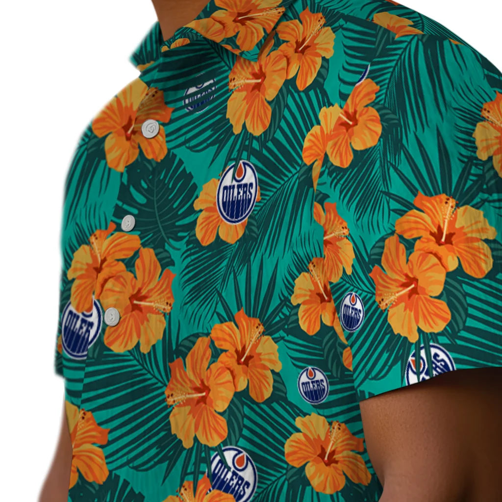 Edmonton Oilers Hawaiian Shirt - Hibiscus and Palm Leaves | Hula Hawaiian Shirts