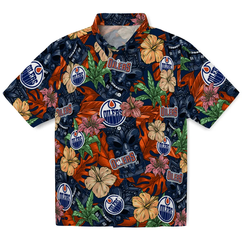 Edmonton Oilers Hawaiian Shirt - Hibiscus Tiki Jungle | Hula Hawaiian Shirts