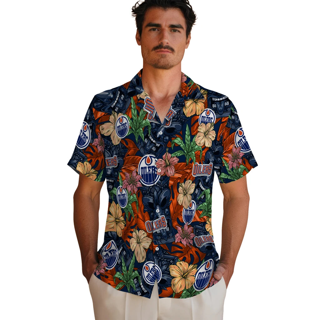Edmonton Oilers Hawaiian Shirt - Hibiscus Tiki Jungle | Hula Hawaiian Shirts