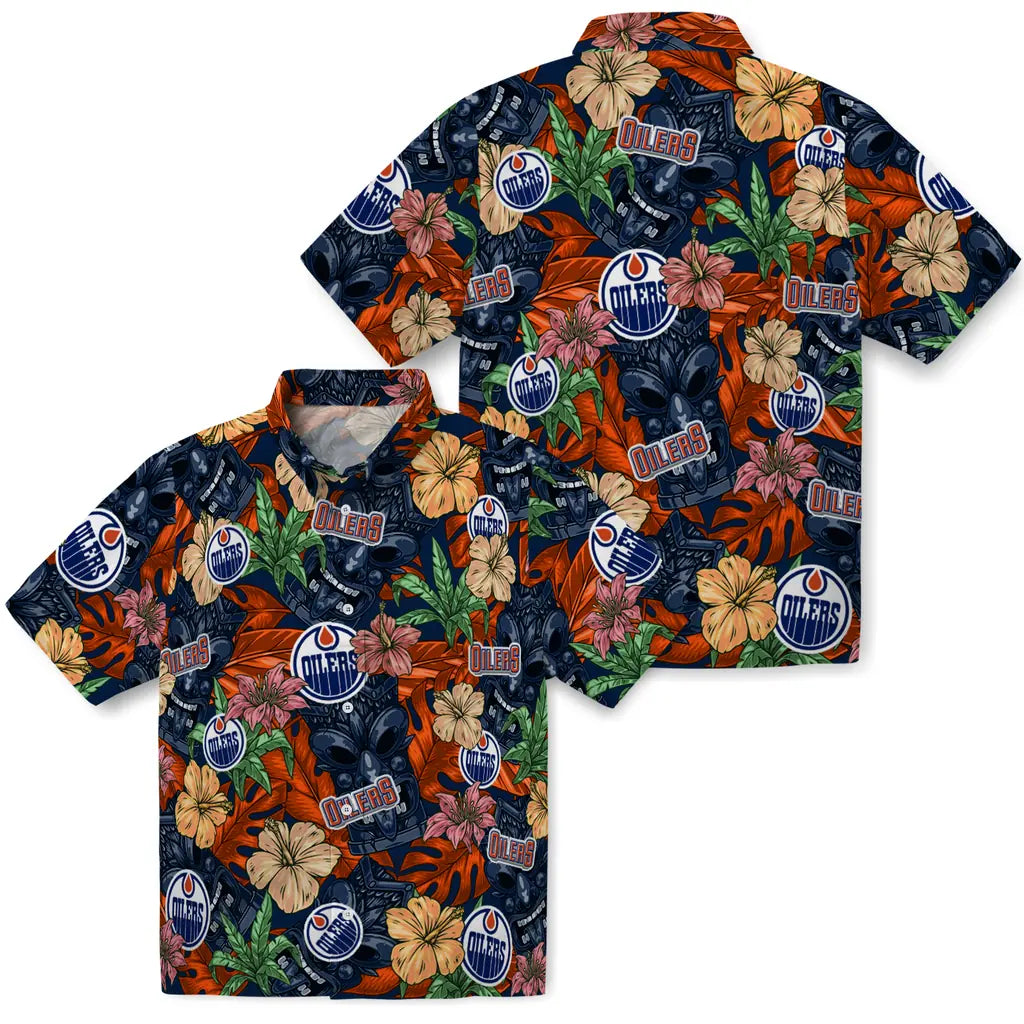 Edmonton Oilers Hawaiian Shirt - Hibiscus Tiki Jungle | Hula Hawaiian Shirts