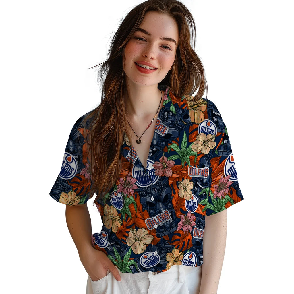 Edmonton Oilers Hawaiian Shirt - Hibiscus Tiki Jungle | Hula Hawaiian Shirts