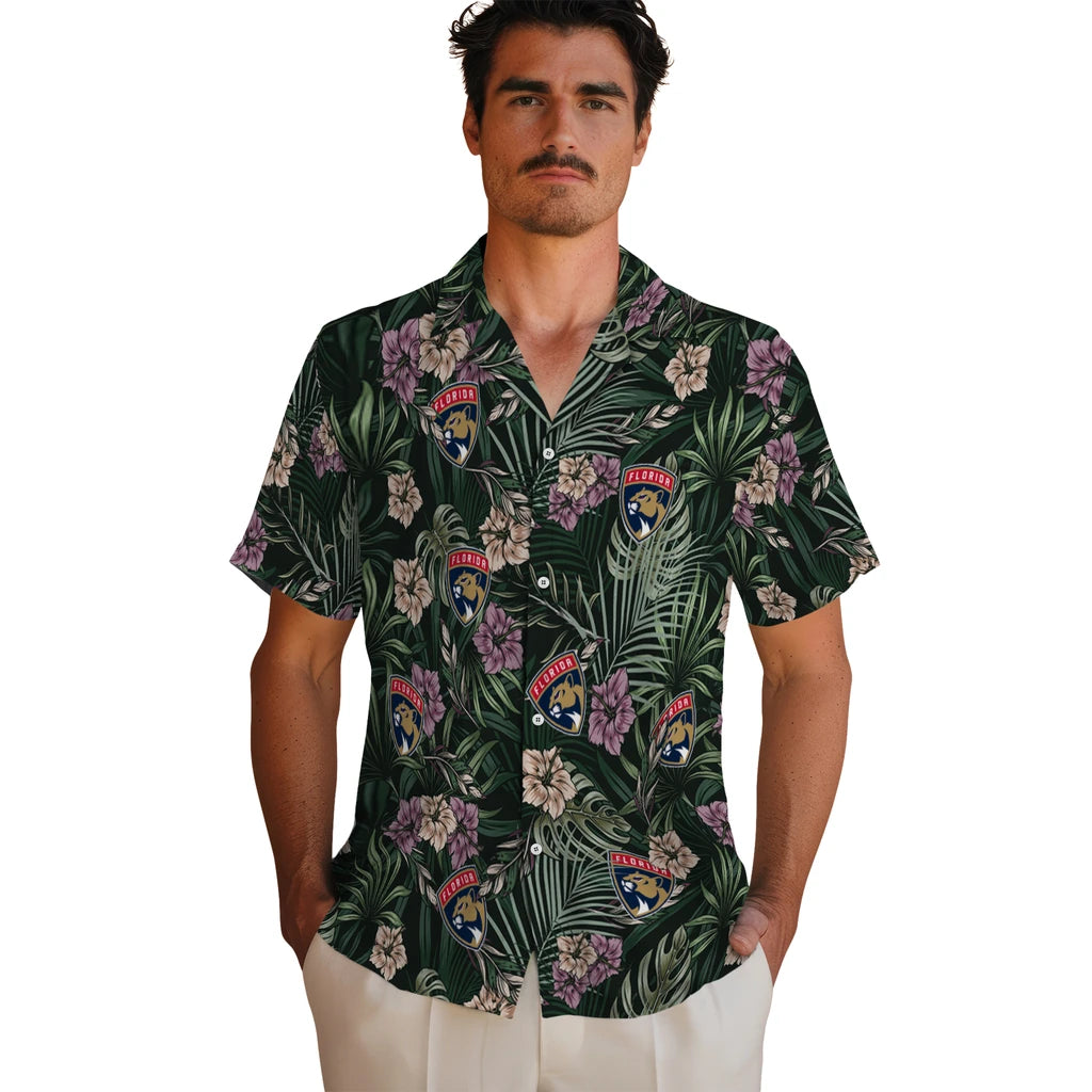 Florida Panthers Hawaiian Shirt - Hibiscus Leaves Pattern | Hula Hawaiian Shirts