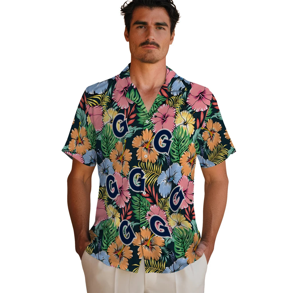 Georgetown Hoyas Hawaiian Shirt - Brilliant Hibiscus Garden | Hula Hawaiian Shirts
