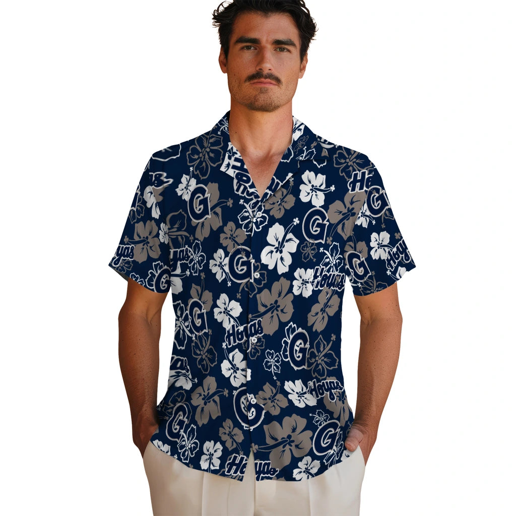 Georgetown Hoyas Hawaiian Shirt - Hibiscus Flower Design | Hula Hawaiian Shirts