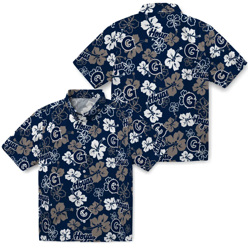 Georgetown Hoyas Hawaiian Shirt - Hibiscus Flower Design | Hula Hawaiian Shirts