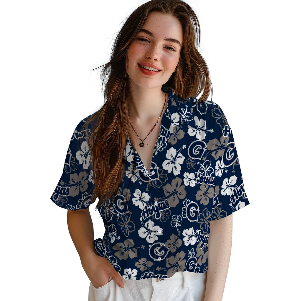 Georgetown Hoyas Hawaiian Shirt - Hibiscus Flower Design | Hula Hawaiian Shirts