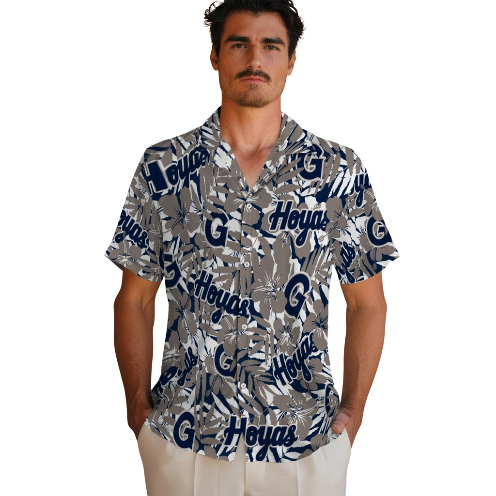 Georgetown Hoyas Hawaiian Shirt - Hibiscus Overlay | Hula Hawaiian Shirts