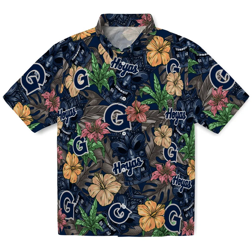 Georgetown Hoyas Hawaiian Shirt - Hibiscus Tiki Jungle | Hula Hawaiian Shirts