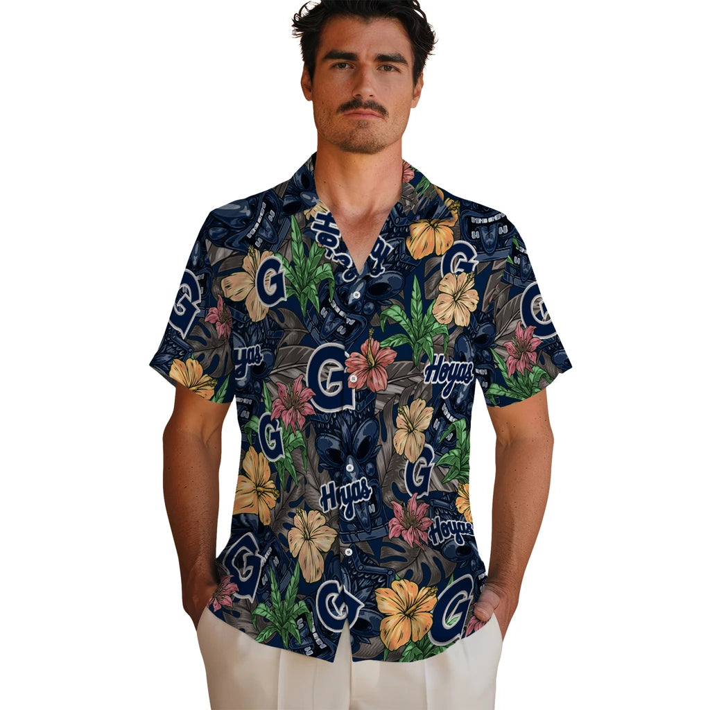 Georgetown Hoyas Hawaiian Shirt - Hibiscus Tiki Jungle | Hula Hawaiian Shirts