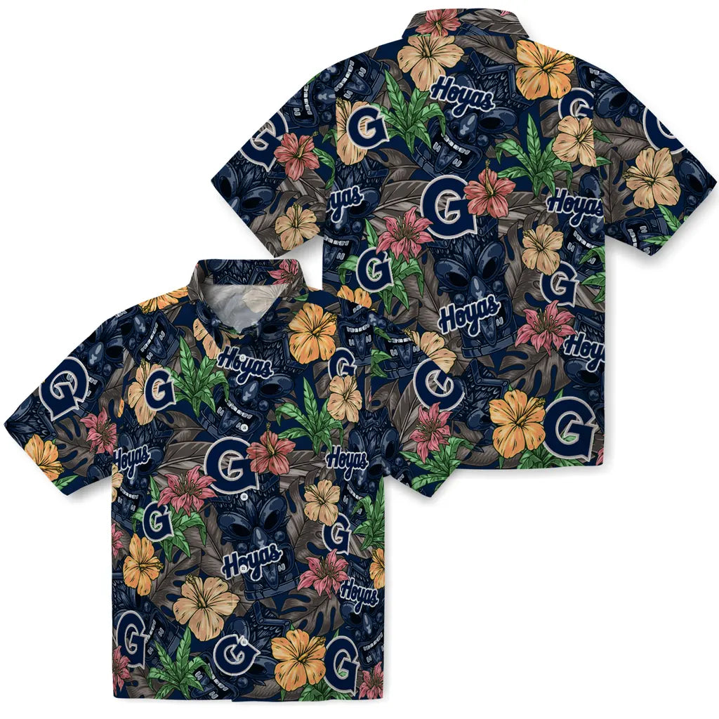 Georgetown Hoyas Hawaiian Shirt - Hibiscus Tiki Jungle | Hula Hawaiian Shirts