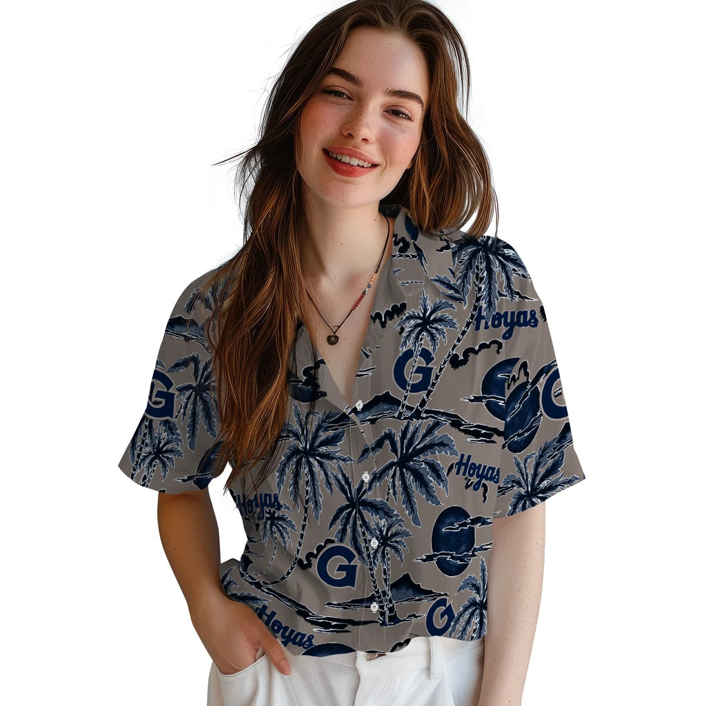 Georgetown Hoyas Hawaiian Shirt - Palm Sunset | Hula Hawaiian Shirts