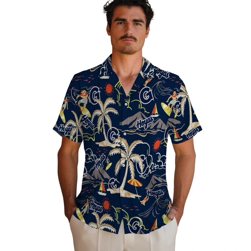 Georgetown Hoyas Hawaiian Shirt - Palm Tree Island | Hula Hawaiian Shirts