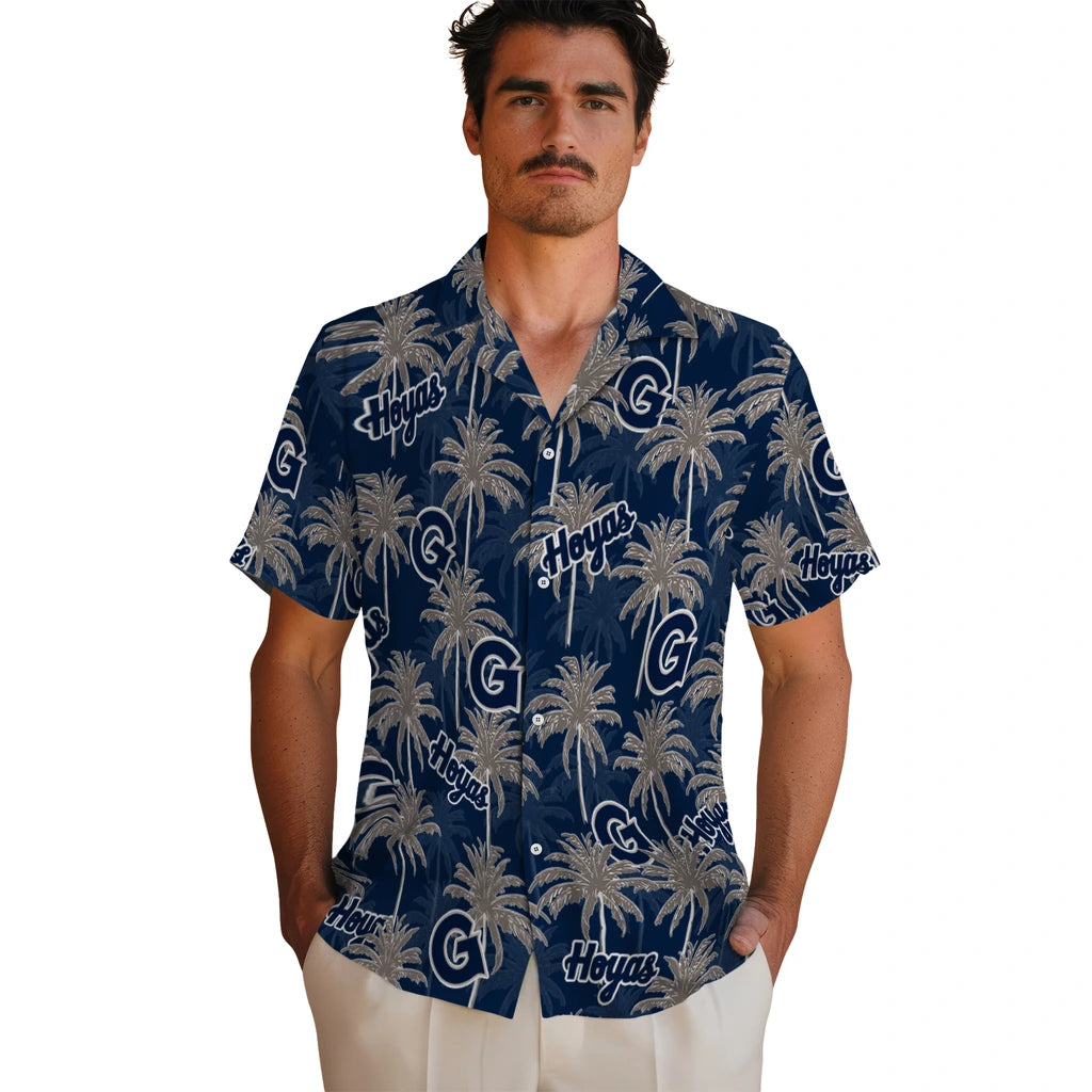 Georgetown Hoyas Hawaiian Shirt - Palm Tree Motif | Hula Hawaiian Shirts