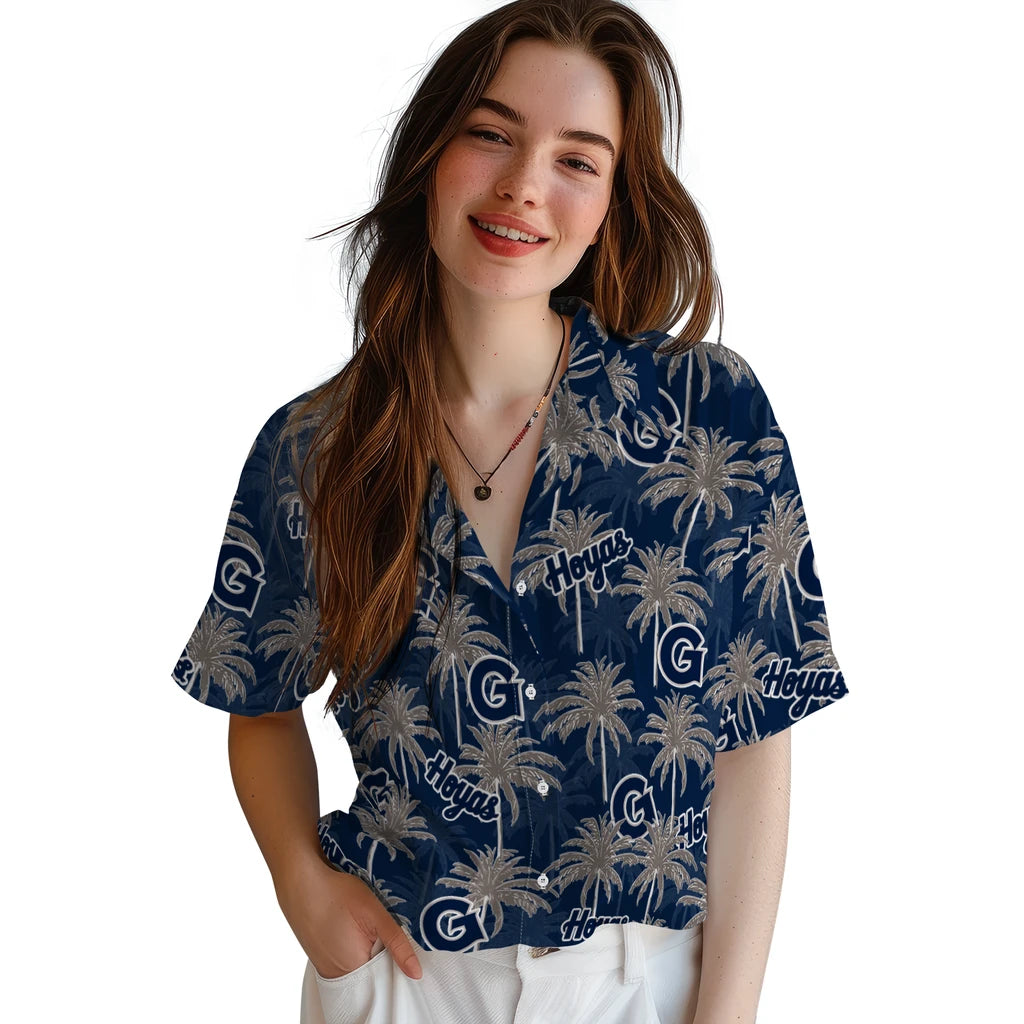 Georgetown Hoyas Hawaiian Shirt - Palm Tree Motif | Hula Hawaiian Shirts