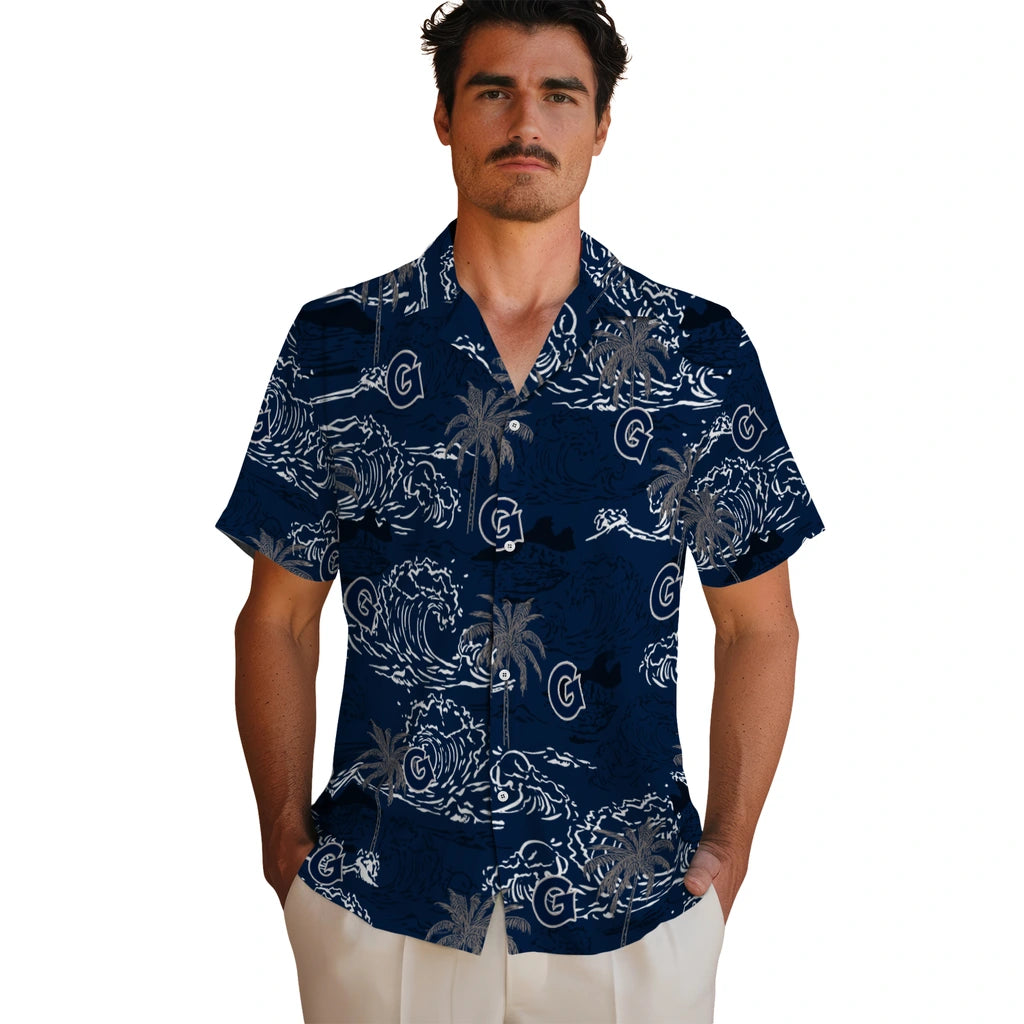 Georgetown Hoyas Hawaiian Shirt - Wave Palm | Hula Hawaiian Shirts